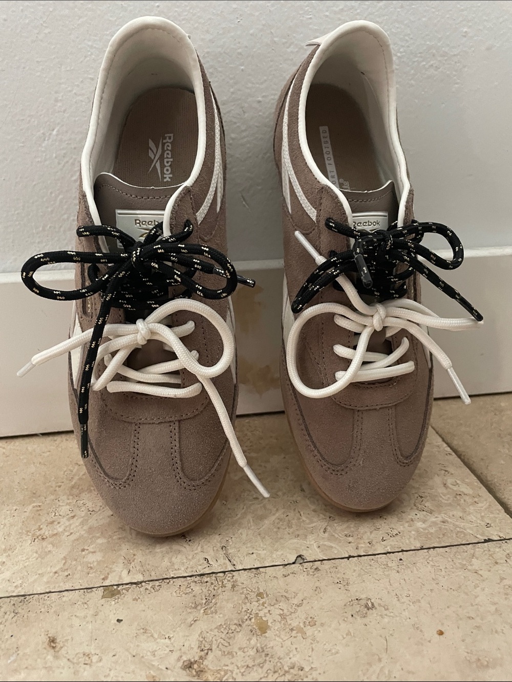Brand new! Never worn. Reebok Women's Suede Sneakers in Taupe with Black Accents